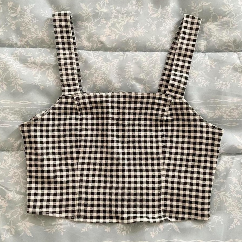 Cropped Gingham Corset Zip-Up Top